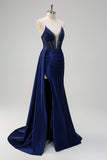 Navy Mermaid V-Neck Watteau treno corsetto perline Abito da cerimonia con fessura