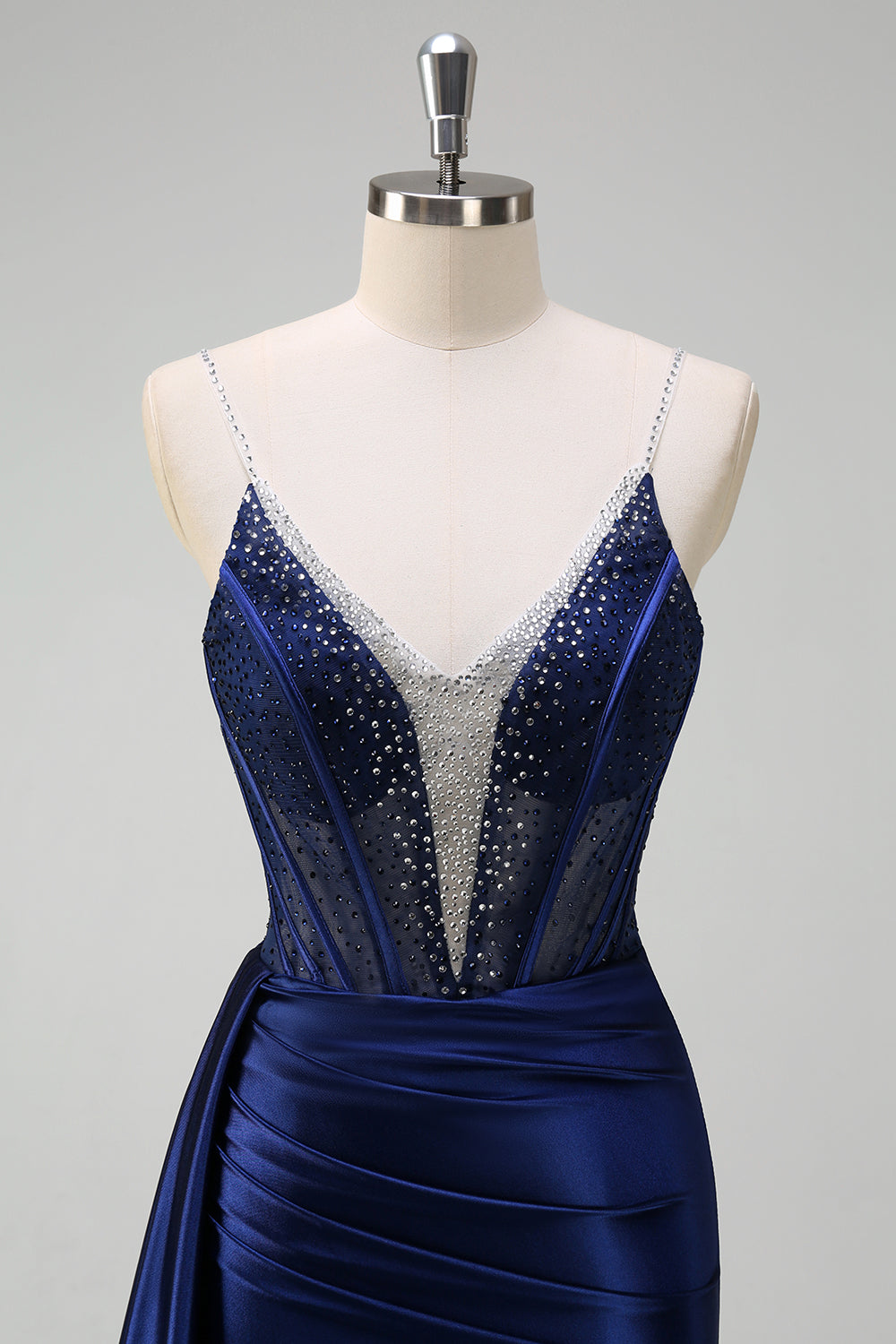 Navy Mermaid V-Neck Watteau treno corsetto perline Abito da cerimonia con fessura