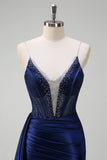 Navy Mermaid V-Neck Watteau treno corsetto perline Abito da cerimonia con fessura