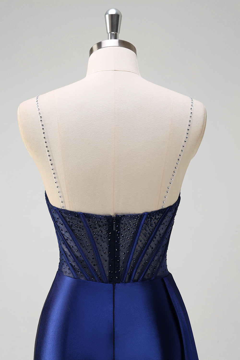 Navy Mermaid V-Neck Watteau treno corsetto perline Abito da cerimonia con fessura