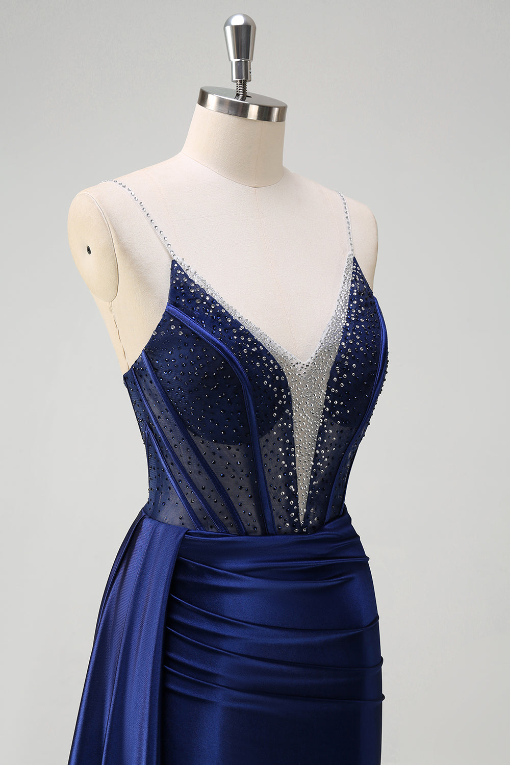Navy Mermaid V-Neck Watteau treno corsetto perline Abito da cerimonia con fessura