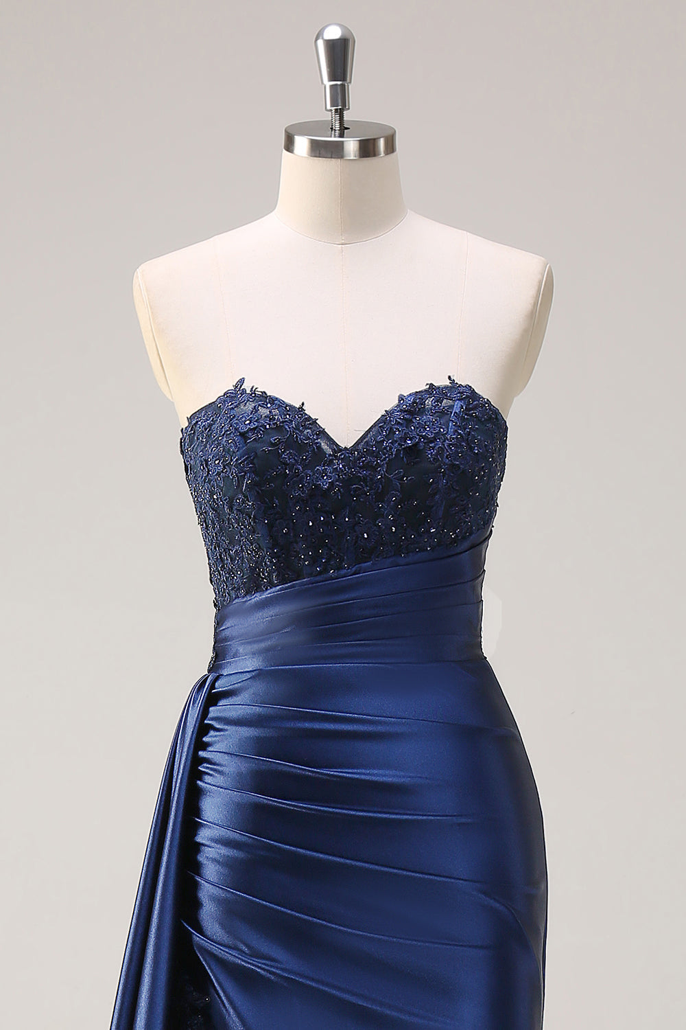 Navy Mermaid senza spalline Side Streamer increspato corsetto lungo Abito da cerimonia con fessura