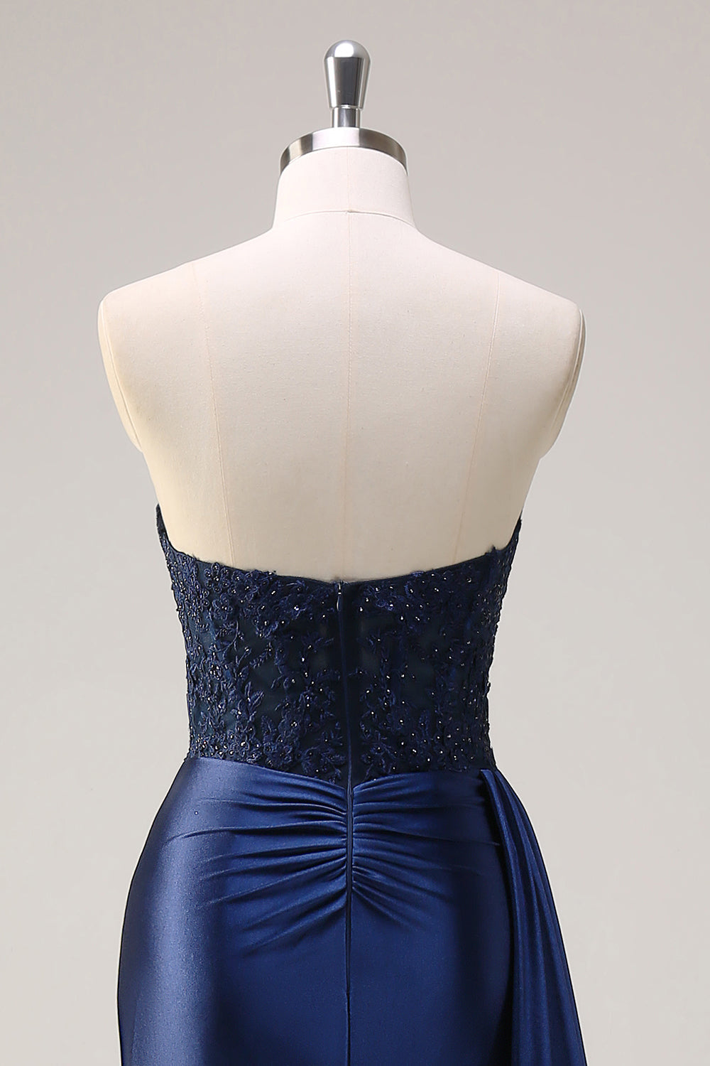 Navy Mermaid senza spalline Side Streamer increspato corsetto lungo Abito da cerimonia con fessura