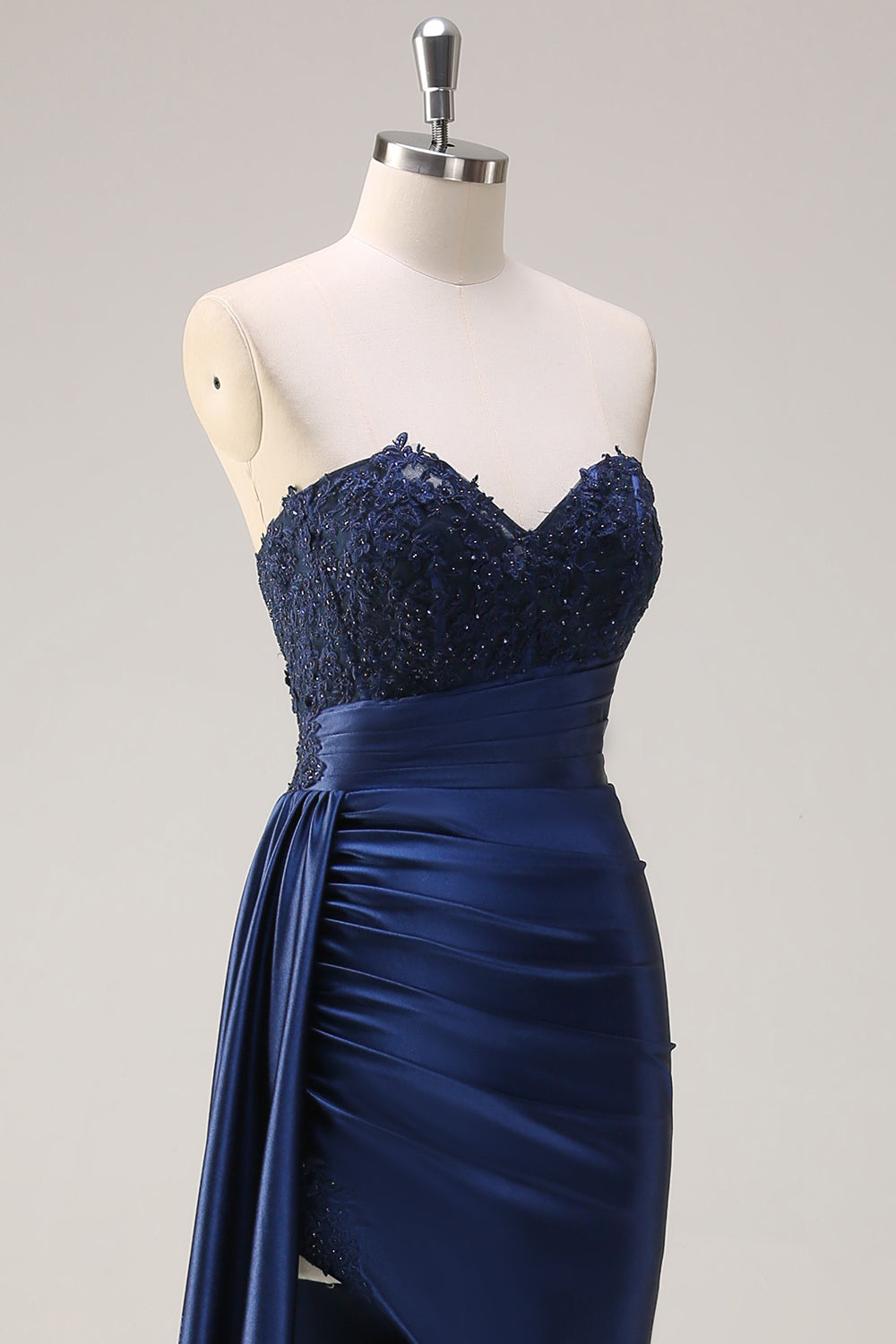 Navy Mermaid senza spalline Side Streamer increspato corsetto lungo Abito da cerimonia con fessura