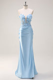Cielo blu sirena senza spalline paillettes Abito da cerimonia con appliques