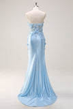Cielo blu sirena senza spalline paillettes Abito da cerimonia con appliques