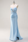Cielo blu sirena senza spalline paillettes Abito da cerimonia con appliques