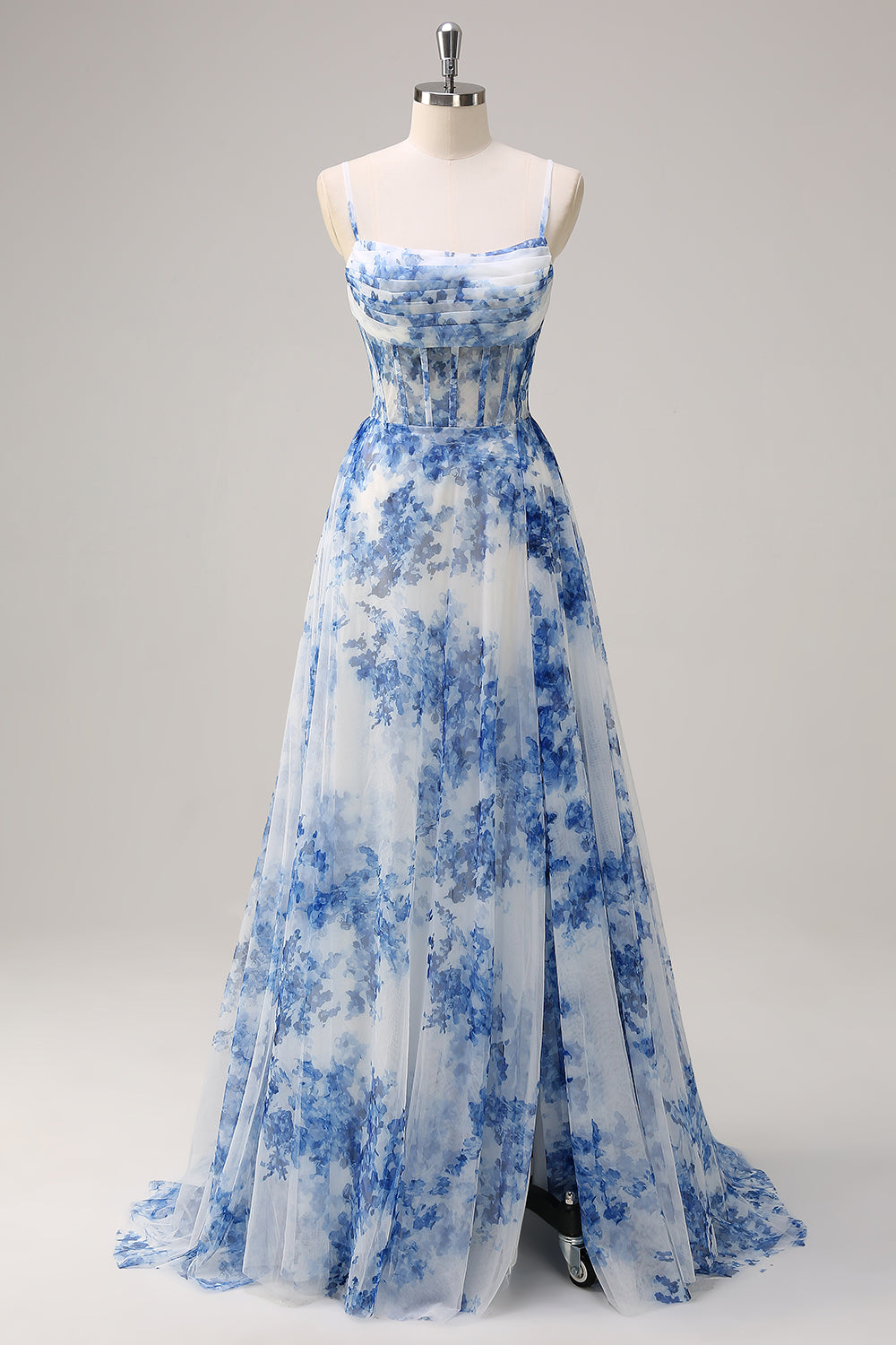 Bianco Blu Fiore Spaghetti Straps increspato Corsetto Abito lungo da cerimonia con fessura