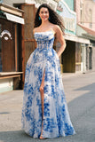Bianco Blu Fiore Spaghetti Straps increspato Corsetto Abito lungo da cerimonia con fessura