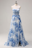 Bianco Blu Fiore Spaghetti Straps increspato Corsetto Abito lungo da cerimonia con fessura