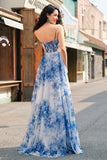 Bianco Blu Fiore Spaghetti Straps increspato Corsetto Abito lungo da cerimonia con fessura