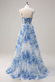 Bianco Blu Fiore Spaghetti Straps increspato Corsetto Abito lungo da cerimonia con fessura