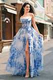 Bianco Blu Fiore A-Line Spaghetti Straps increspato corsetto lungo Abito da cerimonia con fessura