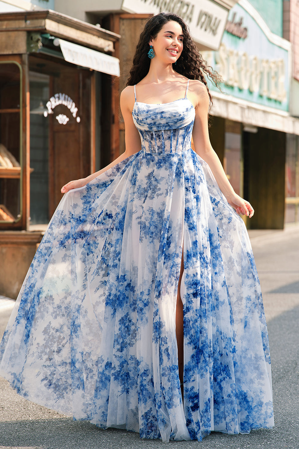 Bianco Blu Fiore A-Line Spaghetti Straps increspato corsetto lungo Abito da cerimonia con fessura