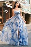 Bianco Blu Fiore A-Line Spaghetti Straps increspato corsetto lungo Abito da cerimonia con fessura