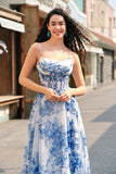 Bianco Blu Fiore A-Line Spaghetti Straps increspato corsetto lungo Abito da cerimonia con fessura