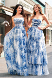 Bianco Blu Fiore A-Line Spaghetti Straps increspato corsetto lungo Abito da cerimonia con fessura