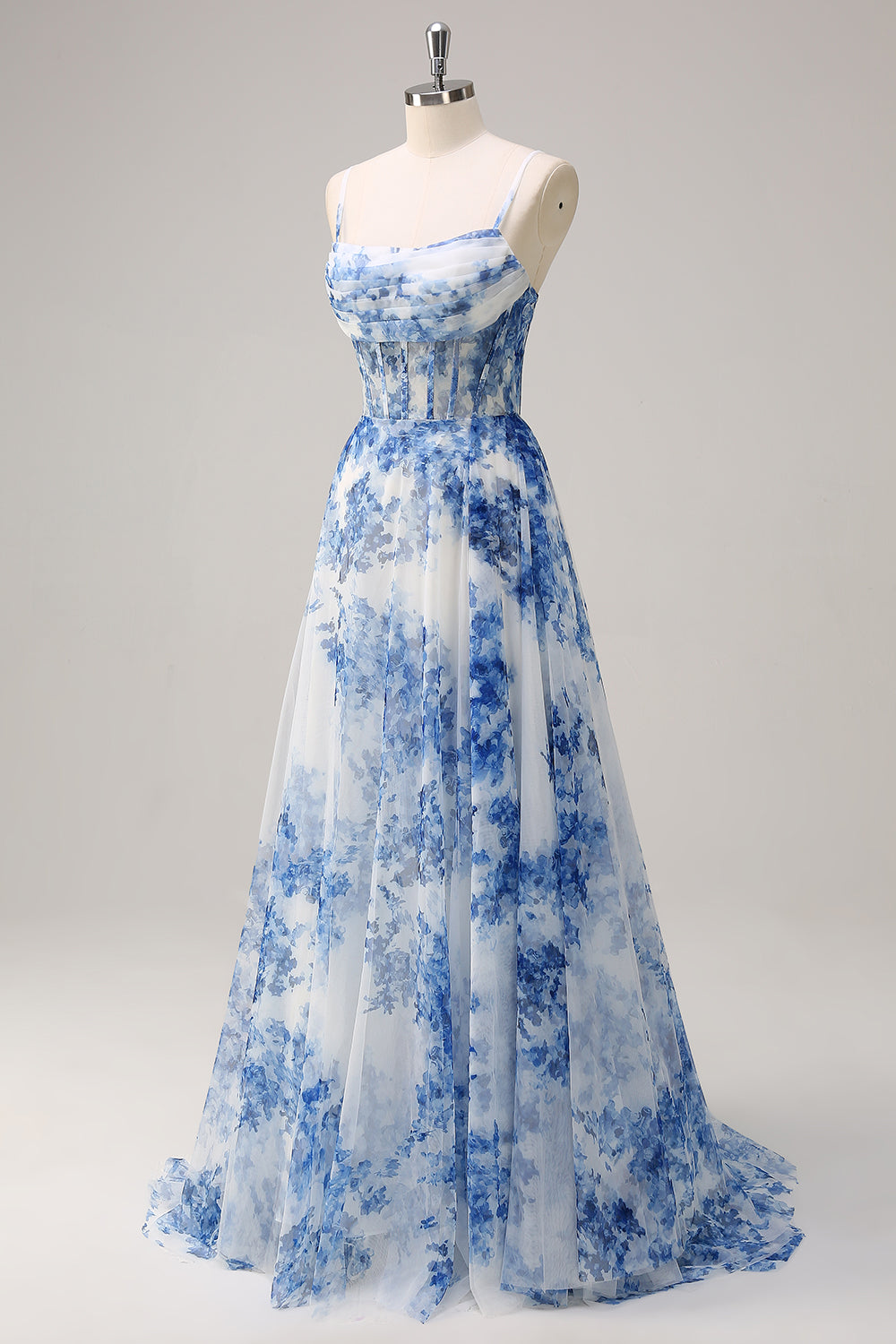 Bianco Blu Fiore Spaghetti Straps increspato Corsetto Abito lungo da cerimonia con fessura