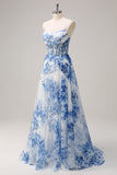 Bianco Blu Fiore Spaghetti Straps increspato Corsetto Abito lungo da cerimonia con fessura