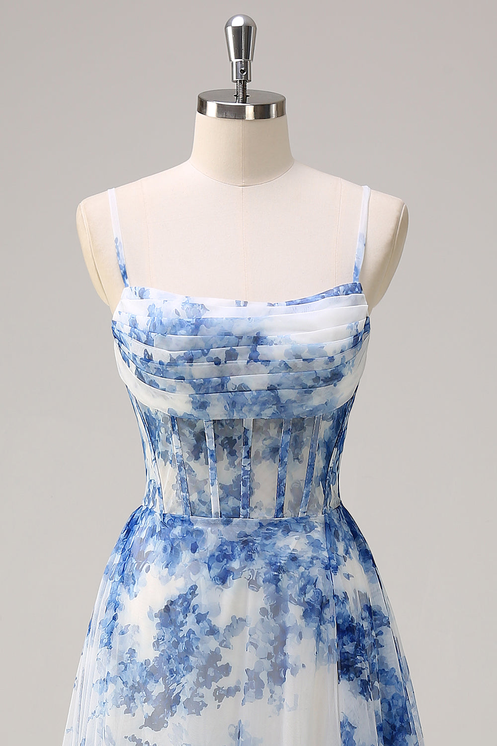 Bianco Blu Fiore Spaghetti Straps increspato Corsetto Abito lungo da cerimonia con fessura