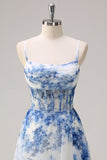 Bianco Blu Fiore Spaghetti Straps increspato Corsetto Abito lungo da cerimonia con fessura