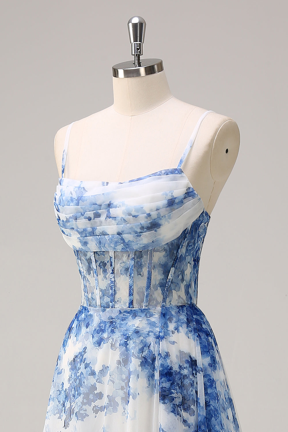 Bianco Blu Fiore Spaghetti Straps increspato Corsetto Abito lungo da cerimonia con fessura