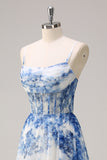 Bianco Blu Fiore Spaghetti Straps increspato Corsetto Abito lungo da cerimonia con fessura
