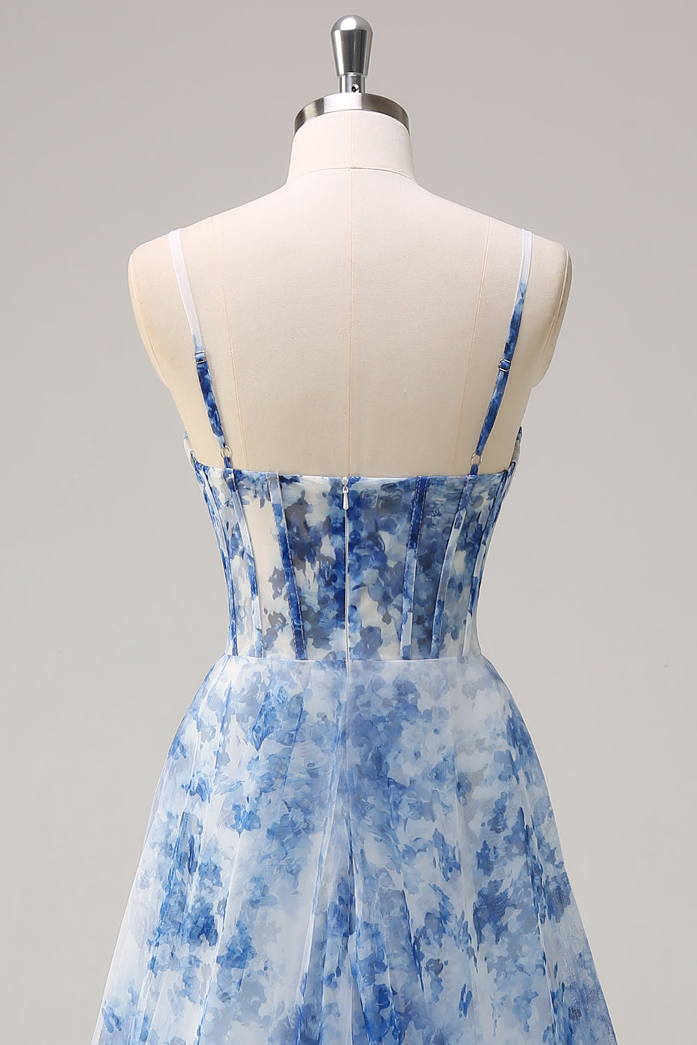 Bianco Blu Fiore Spaghetti Straps increspato Corsetto Abito lungo da cerimonia con fessura
