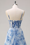 Bianco Blu Fiore Spaghetti Straps increspato Corsetto Abito lungo da cerimonia con fessura