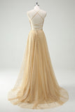 Una linea di oro paillettes spaghetti straps Abito da cerimonia con fessura