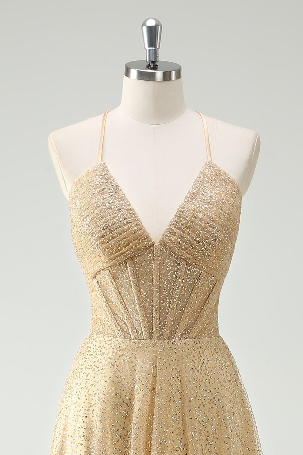 Una linea di oro paillettes spaghetti straps Abito da cerimonia con fessura