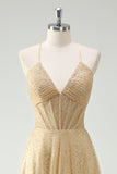 Una linea di oro paillettes spaghetti straps Abito da cerimonia con fessura