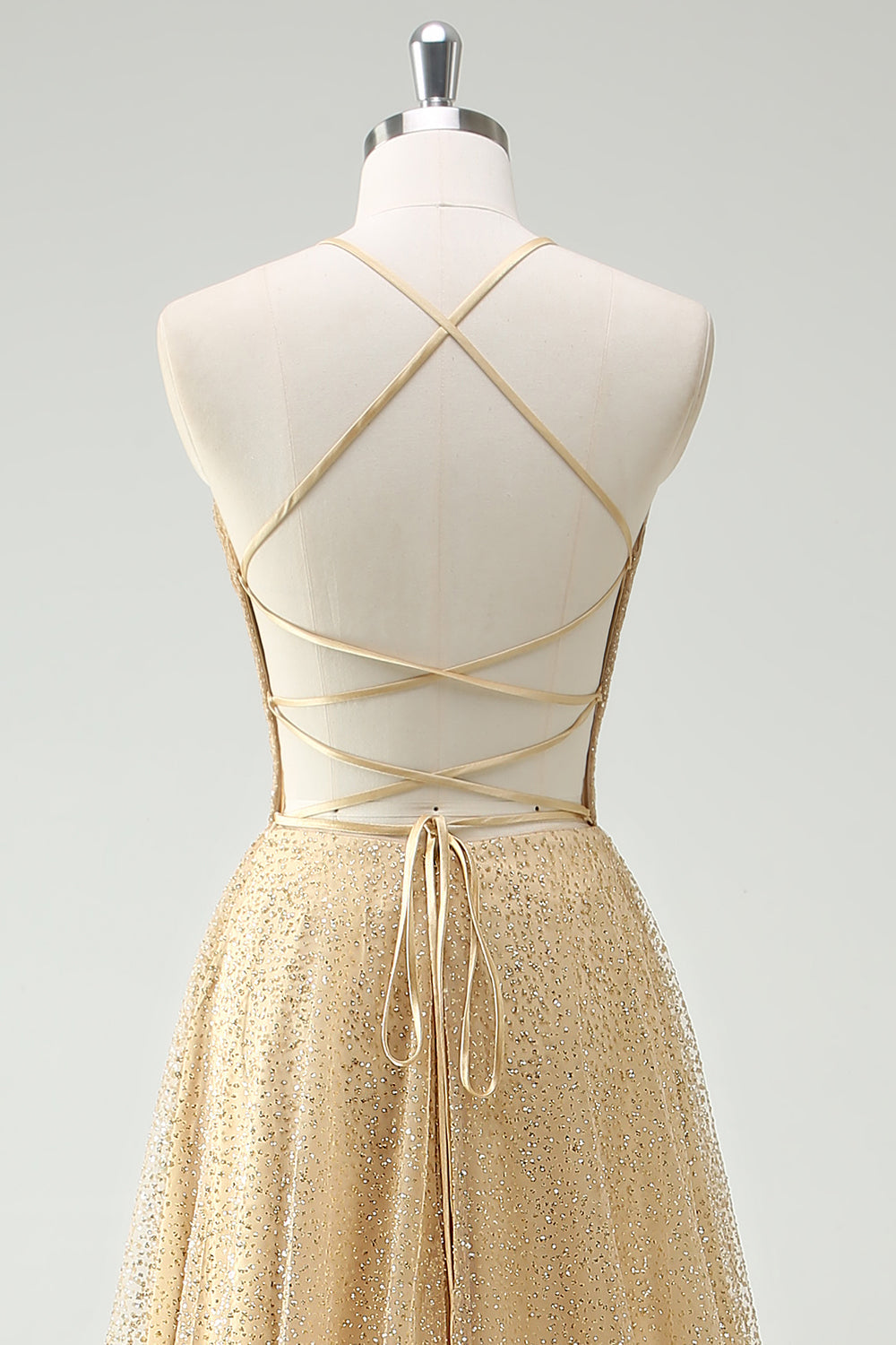 Una linea di oro paillettes spaghetti straps Abito da cerimonia con fessura
