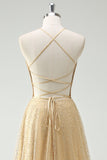 Una linea di oro paillettes spaghetti straps Abito da cerimonia con fessura