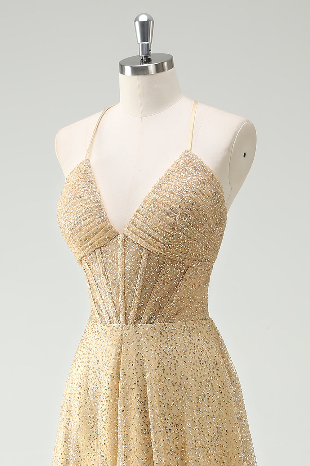 Una linea di oro paillettes spaghetti straps Abito da cerimonia con fessura