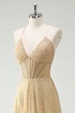Una linea di oro paillettes spaghetti straps Abito da cerimonia con fessura