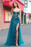 Pavone Blu Mermaid Streamer Corsetto senza spalline Abito da cerimonia lungo con fessura
