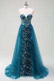Pavone Blu Mermaid Streamer Corsetto senza spalline Abito da cerimonia lungo con fessura
