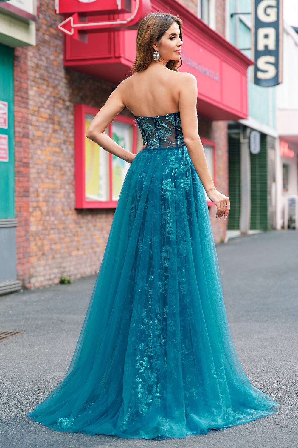 Pavone Blu Mermaid Streamer Corsetto senza spalline Abito da cerimonia lungo con fessura
