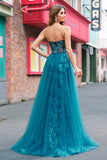 Pavone Blu Mermaid Streamer Corsetto senza spalline Abito da cerimonia lungo con fessura