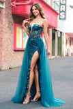 Pavone Blu Mermaid Streamer Corsetto senza spalline Abito da cerimonia lungo con fessura