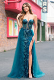 Pavone Blu Mermaid Streamer Corsetto senza spalline Abito da cerimonia lungo con fessura