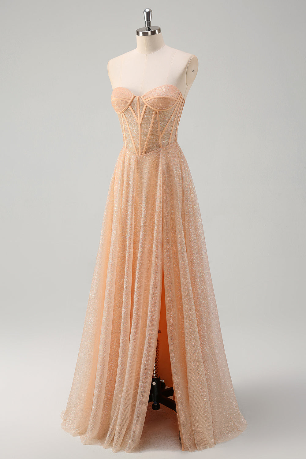 Glitter Champagne A Line Corsetto senza spalline Prom Dress con fessura