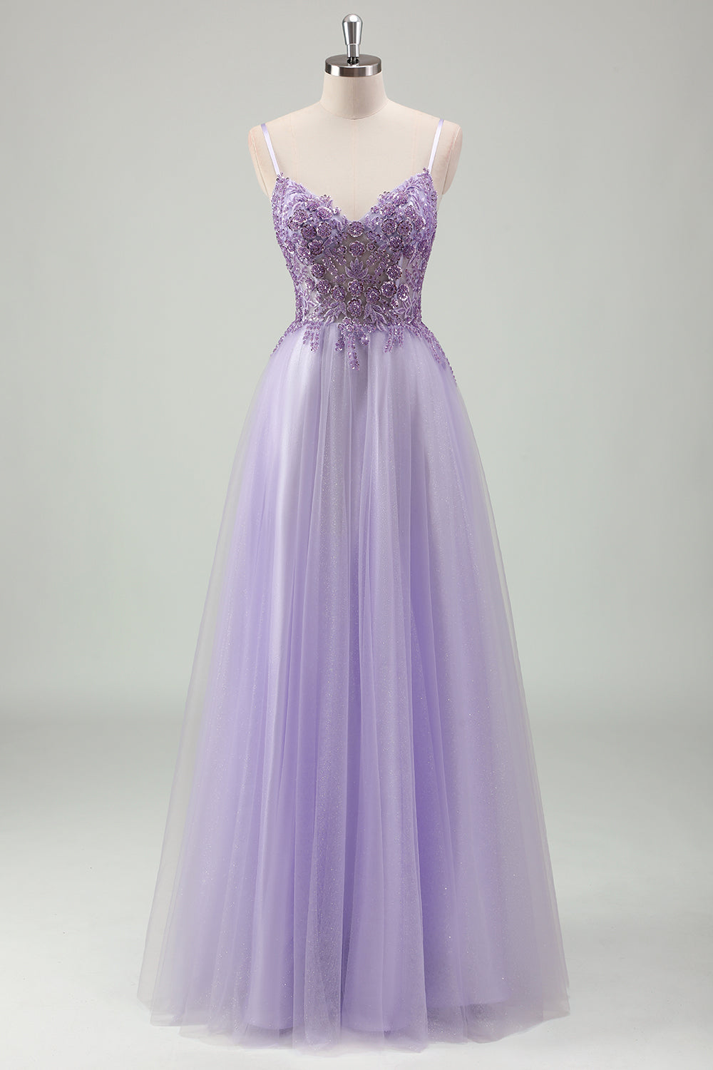 Sparkly viola A-Line Spaghetti Straps corsetto lungo Prom Dress con applicazioni