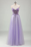 Sparkly viola A-Line Spaghetti Straps corsetto lungo Prom Dress con applicazioni