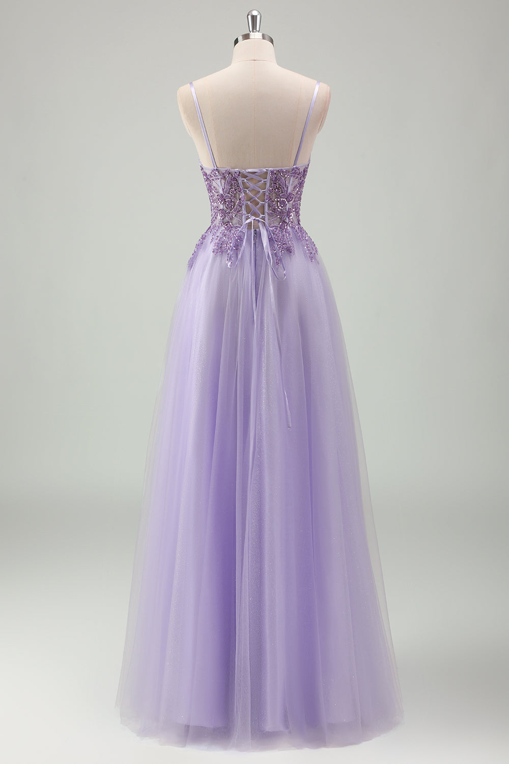 Sparkly viola A-Line Spaghetti Straps corsetto lungo Prom Dress con applicazioni