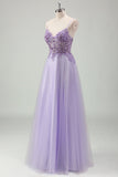 Sparkly viola A-Line Spaghetti Straps corsetto lungo Prom Dress con applicazioni