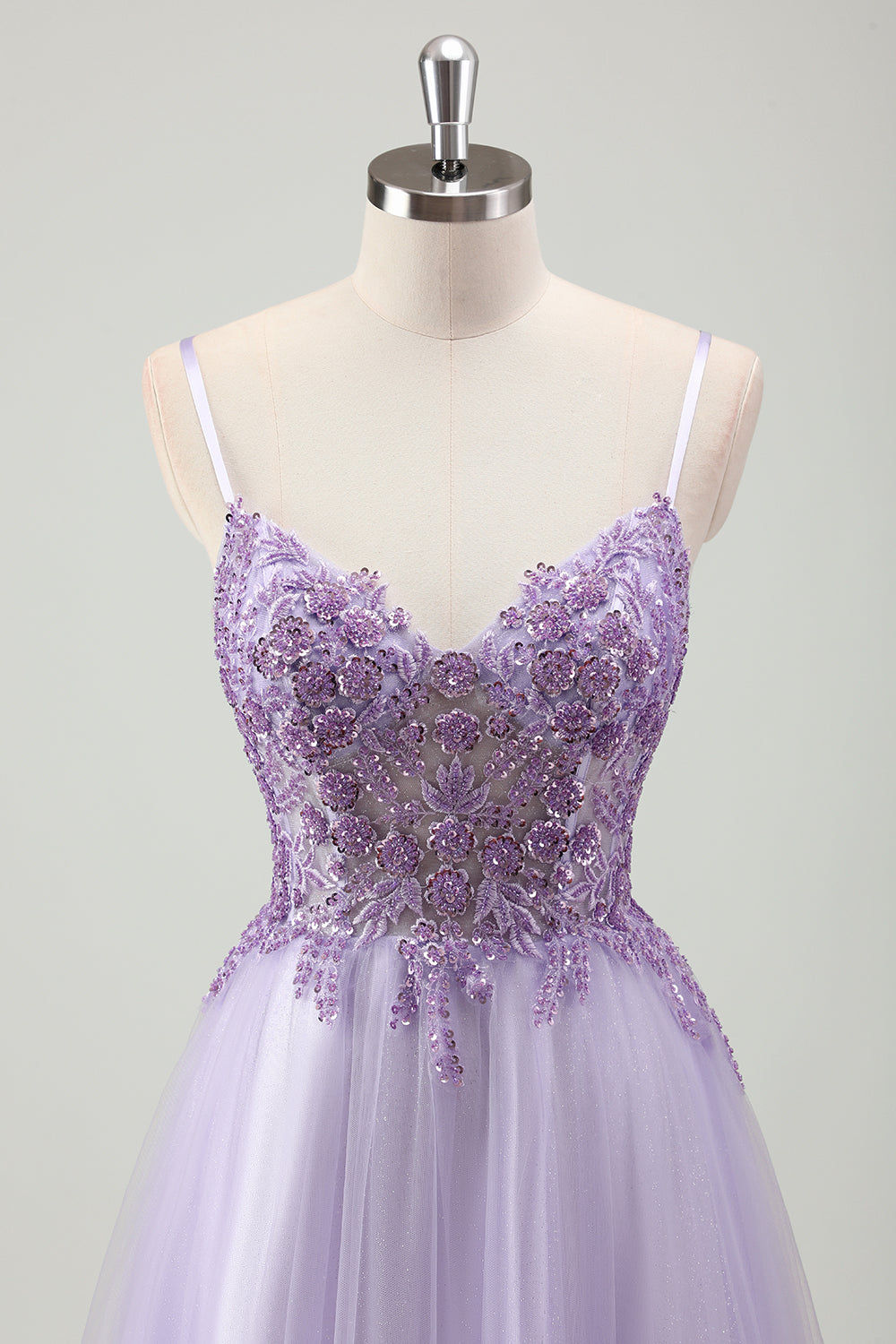 Sparkly viola A-Line Spaghetti Straps corsetto lungo Prom Dress con applicazioni