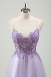 Sparkly viola A-Line Spaghetti Straps corsetto lungo Prom Dress con applicazioni