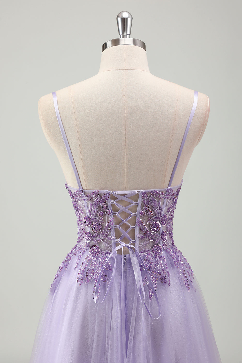 Sparkly viola A-Line Spaghetti Straps corsetto lungo Prom Dress con applicazioni